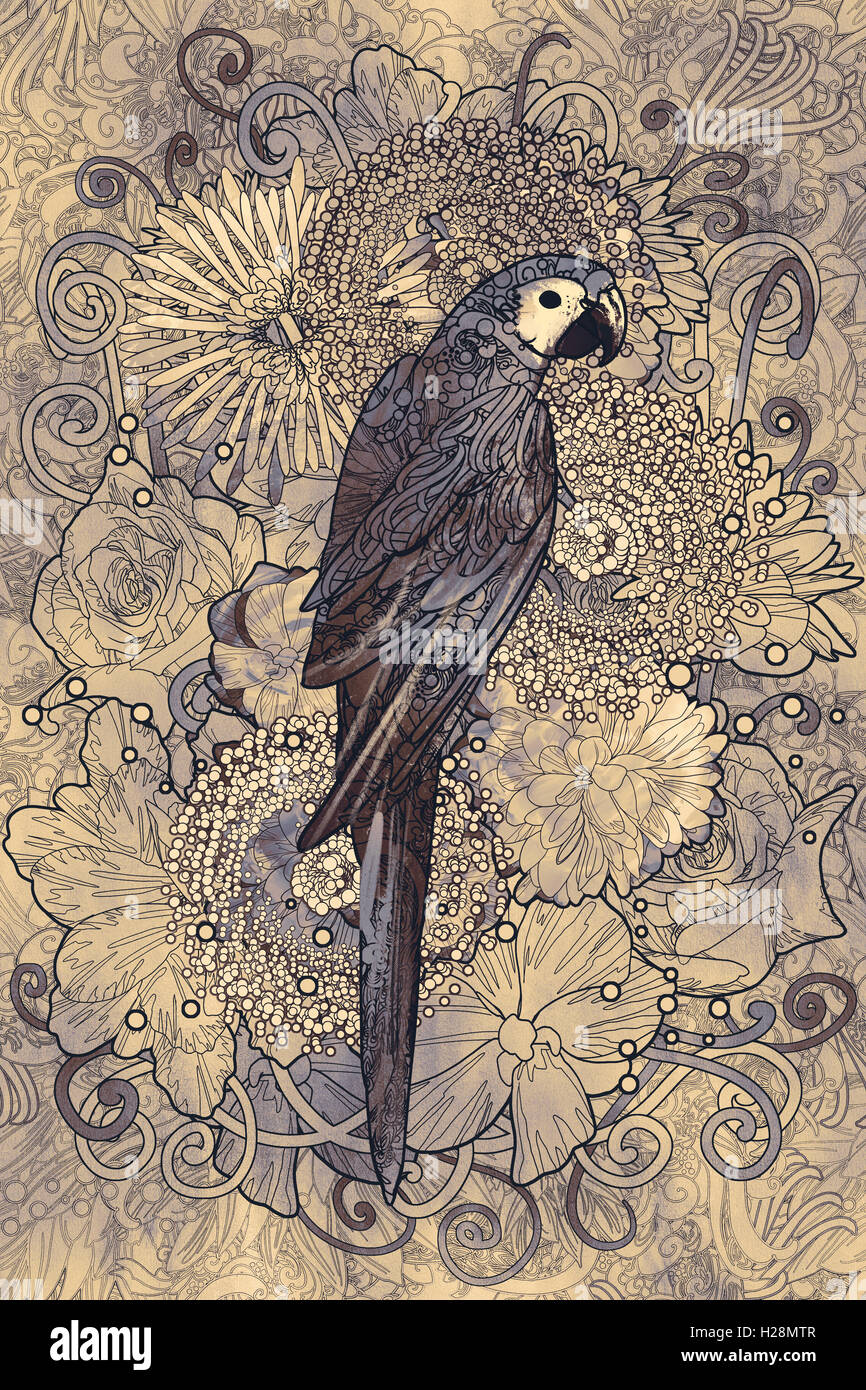 Linea di pappagallo arte monocromatica con motivo floreale su elemento di design, illustrazione Foto Stock