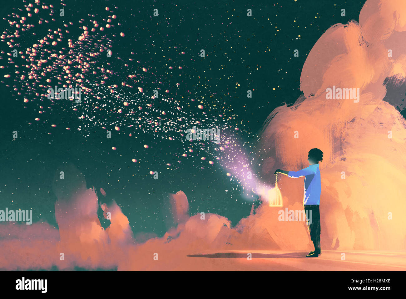 Uomo con una gabbia con galleggiante splendenti polvere di stelle,illustrazione pittura Foto Stock