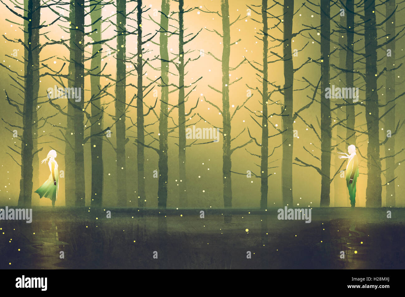L uomo e la donna in piedi di fronte di ogni altro contro la foresta di notte,illustrazione pittura Foto Stock