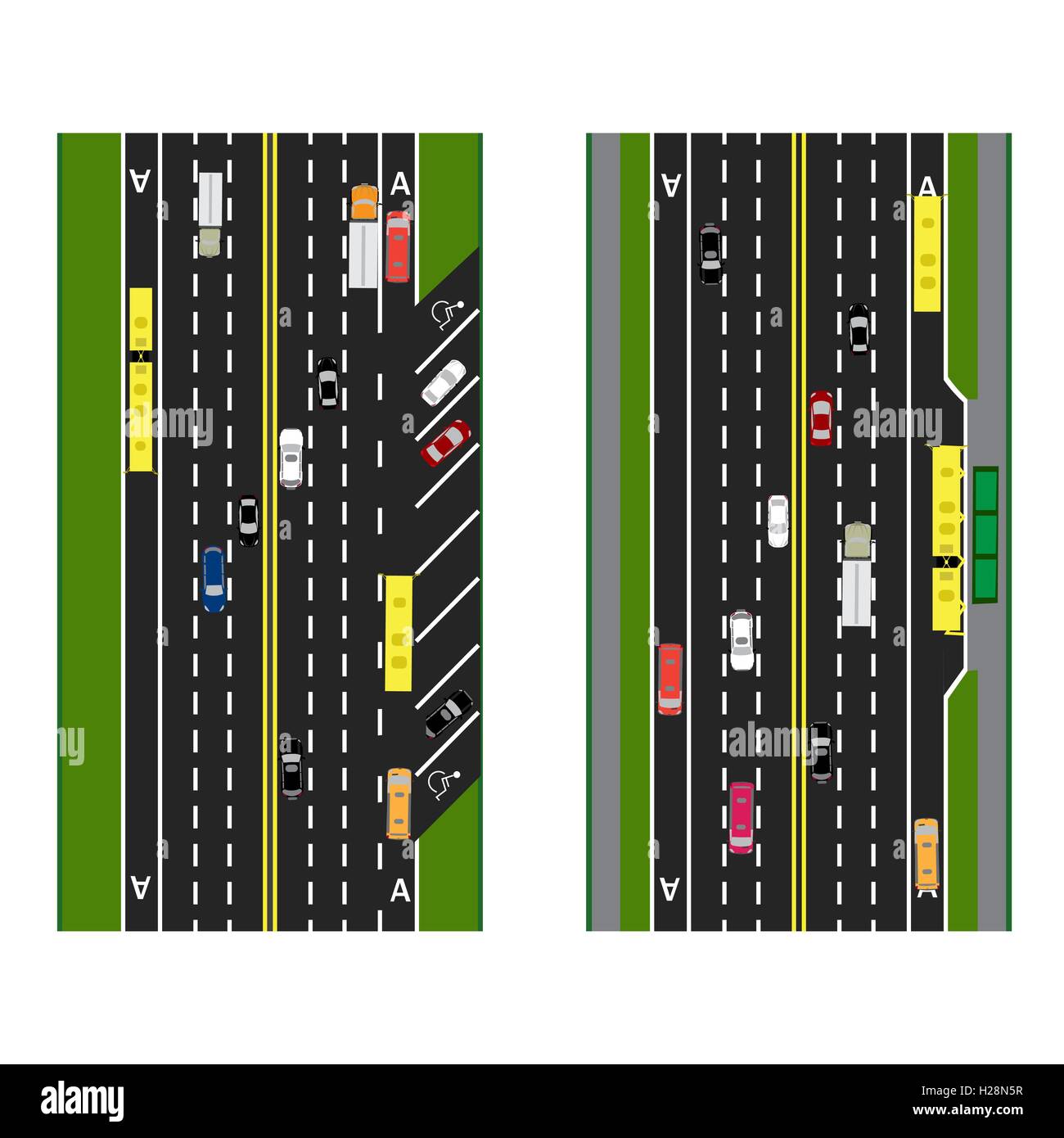 Autostrada pianificazione. strade, strade con Parcheggio e trasporto pubblico. Le immagini delle varie vetture, corsie per i mezzi di trasporto pubblico. Vista da sopra. illustrazione Illustrazione Vettoriale