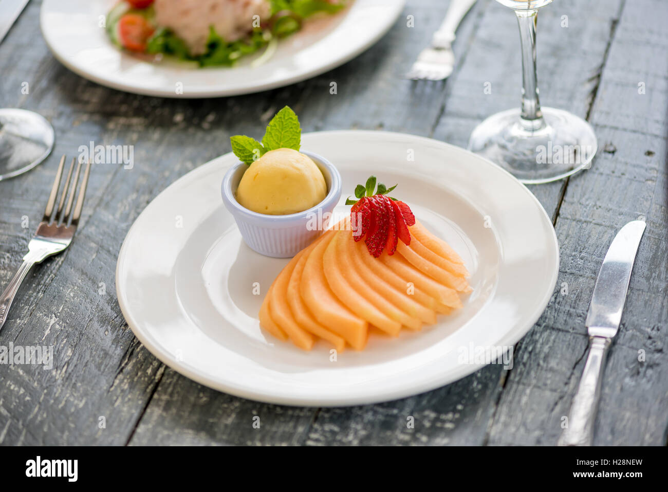Il dessert di melone e sorbetto Foto Stock