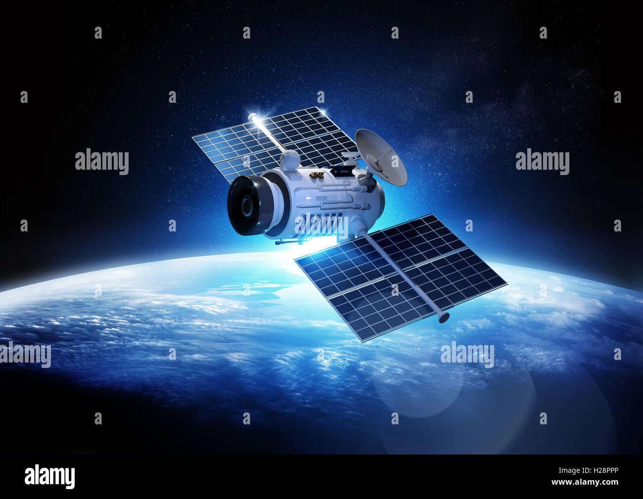 Communications satellite orbitante e di trasmissione di dati di informazioni di ritorno sulla terra. 3D'illustrazione. Foto Stock
