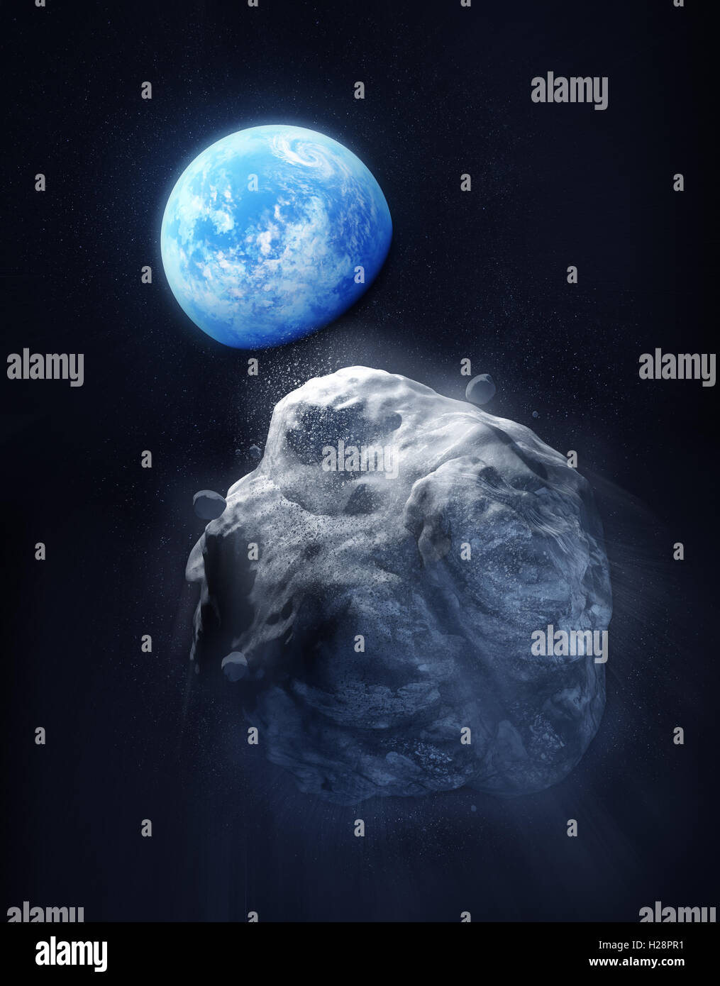 Un grande Meteor rottura e dirigendosi verso il pianeta Terra. 3D'illustrazione. Foto Stock