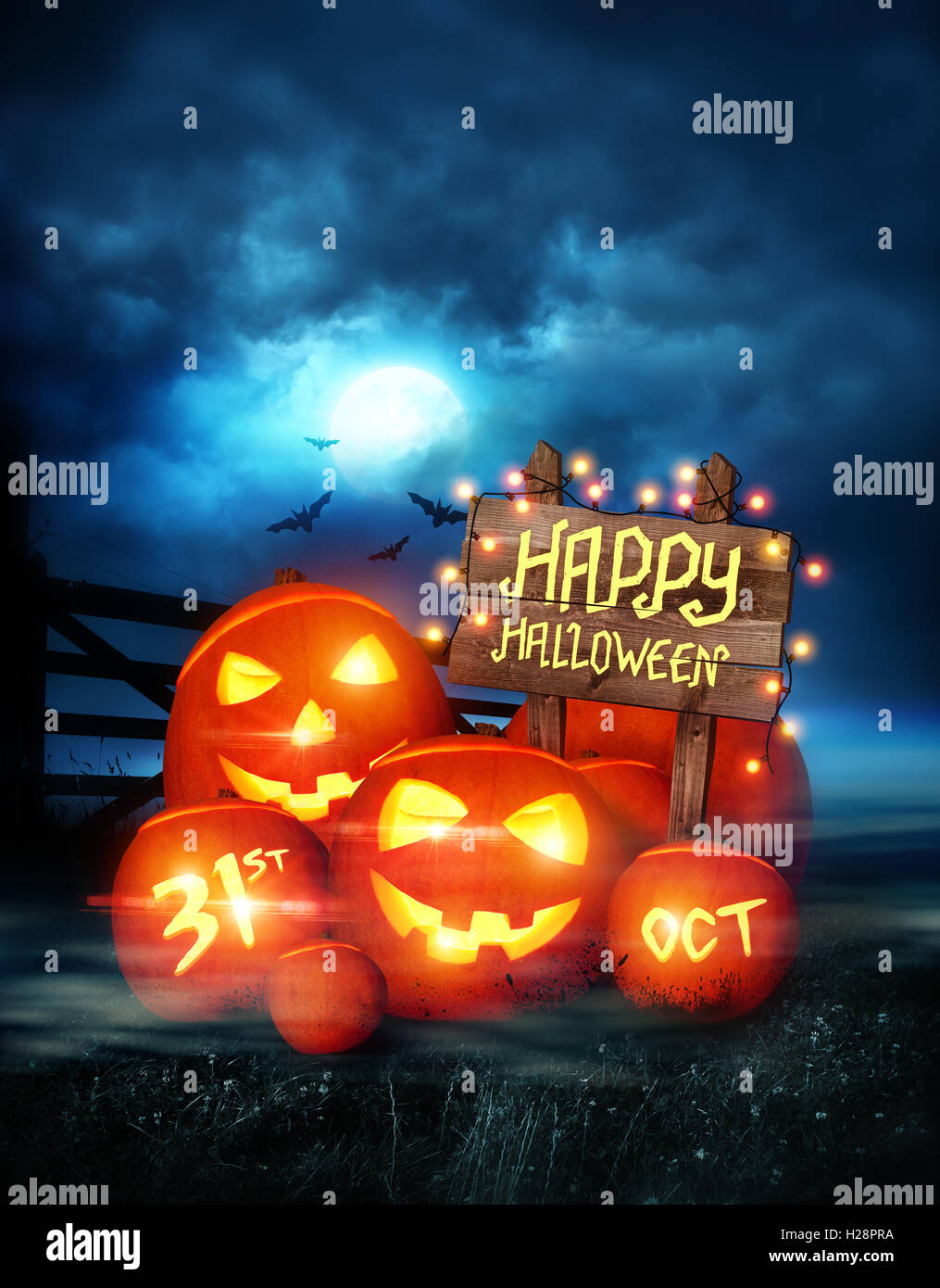 Happy Halloween sfondo decorato con zucche e luci fairy! Illustrazione. Foto Stock