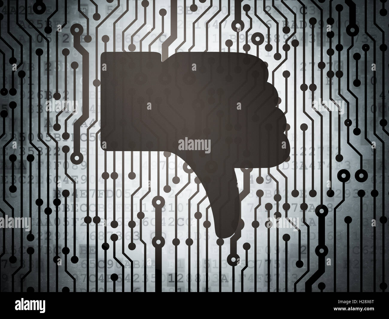 Social media concetto: scheda a circuito stampato con il pollice verso il basso Foto Stock