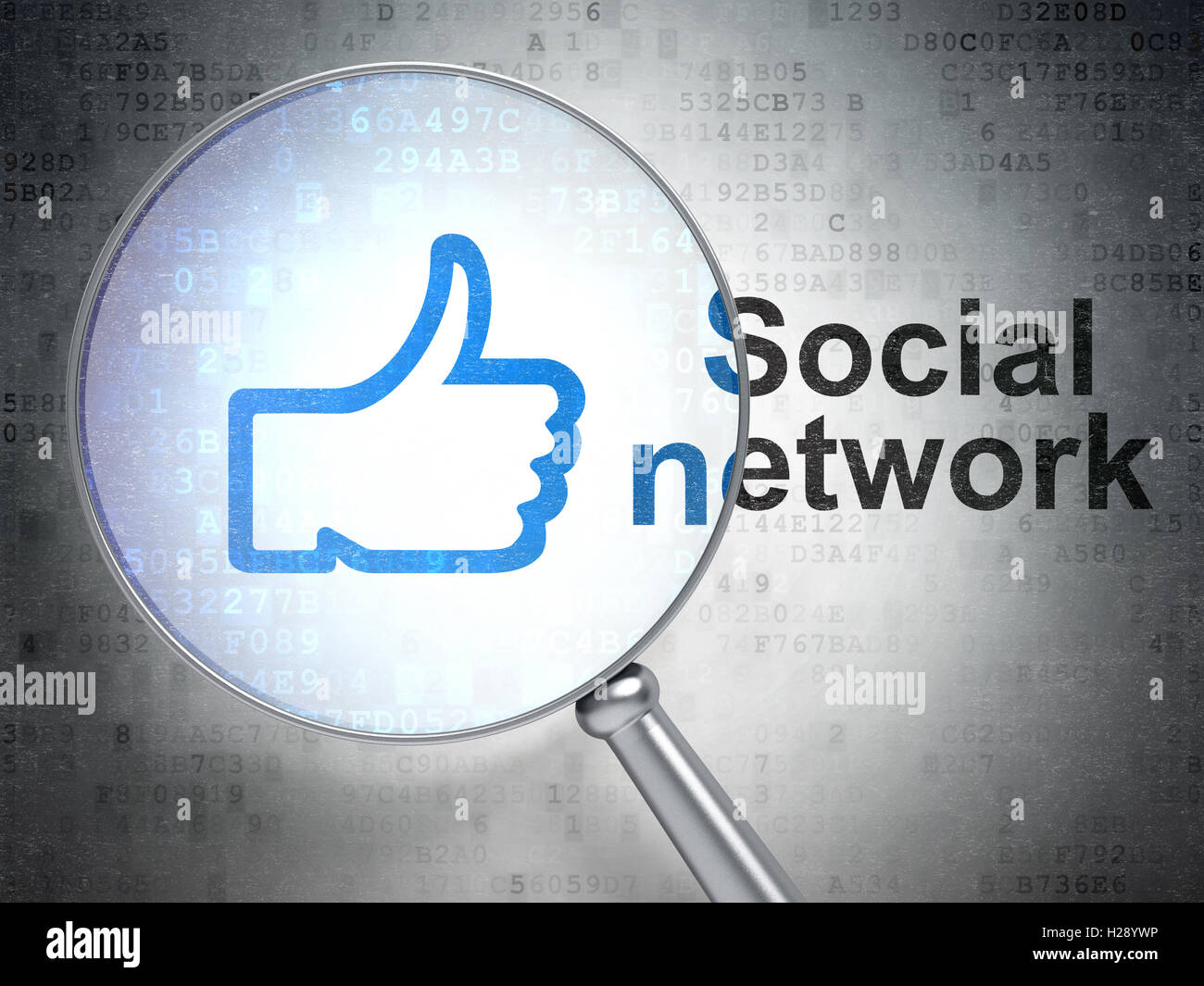 Social media concetto: pollice in alto e social network con vetro ottico Foto Stock