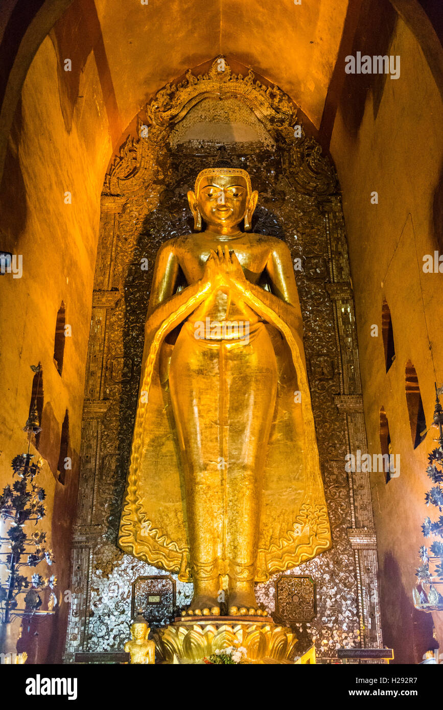 Gigante Buddha d'oro ad Ananda Pahto tempio, Bagan, Myanmar Foto Stock