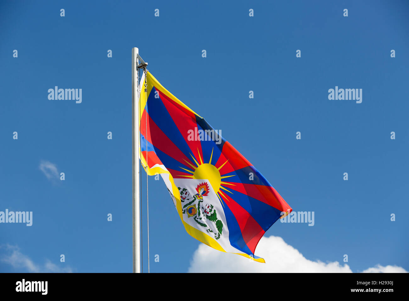Bandiera nazionale del Tibet su un pennone di fronte blu cielo Foto Stock