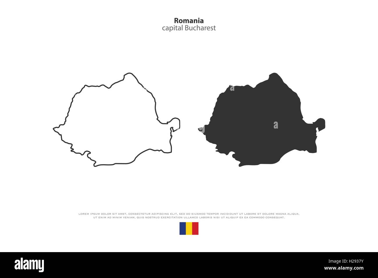 La Romania mappe e bandiera ufficiale icone su sfondo bianco. vettore politico rumeno mappa di contorno. Stato europeo divieto geografico Illustrazione Vettoriale