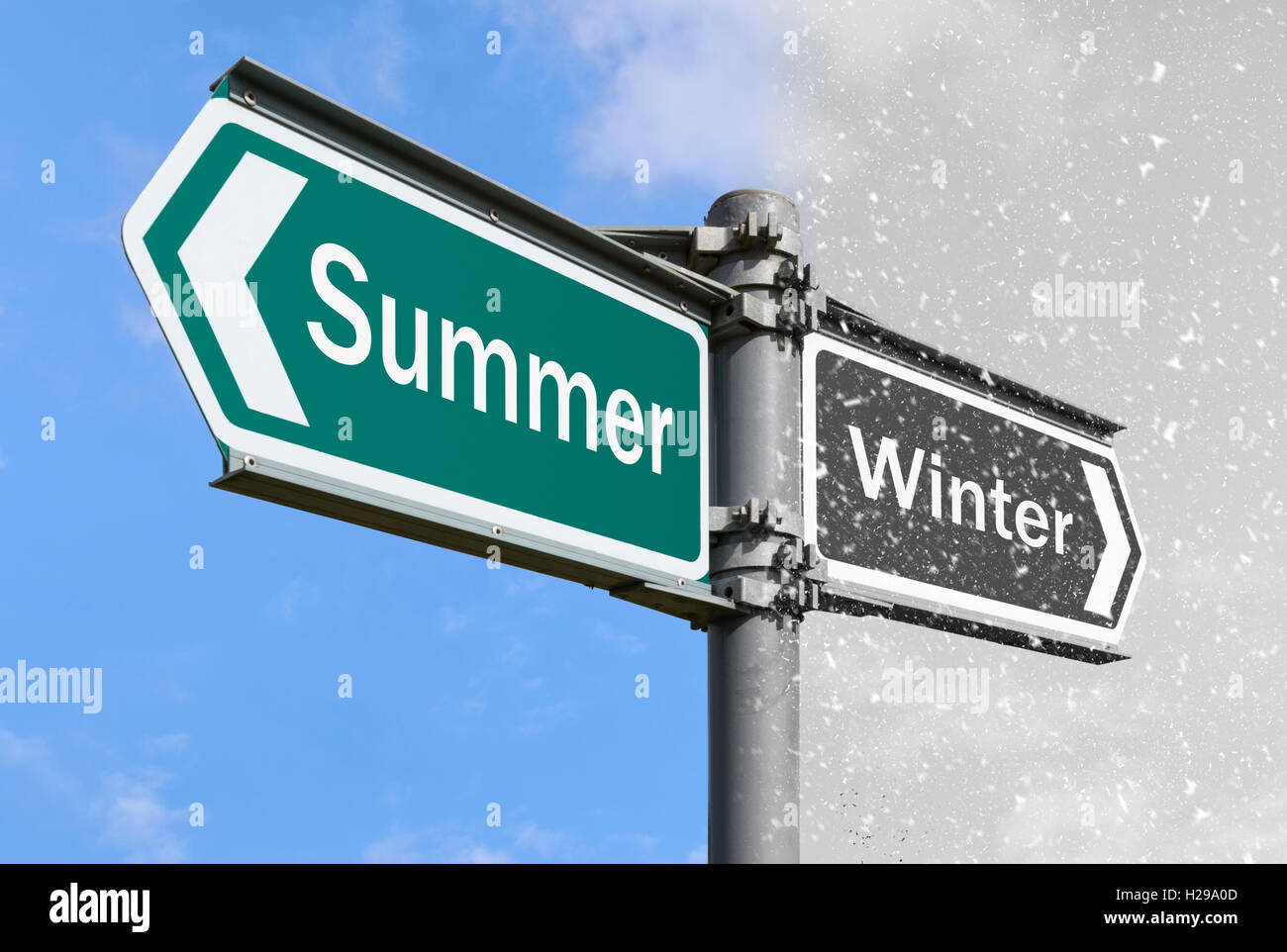 Diverse stagioni Nozione di segno. In estate e in inverno segno post. In estate e in inverno. In estate e in inverno. Foto Stock