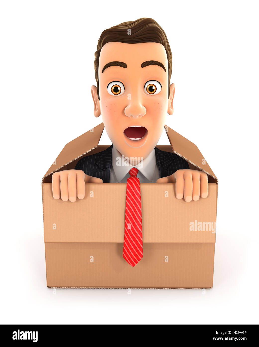 3d imprenditore proveniente dalla scatola, illustrazione isolato con sfondo bianco Foto Stock
