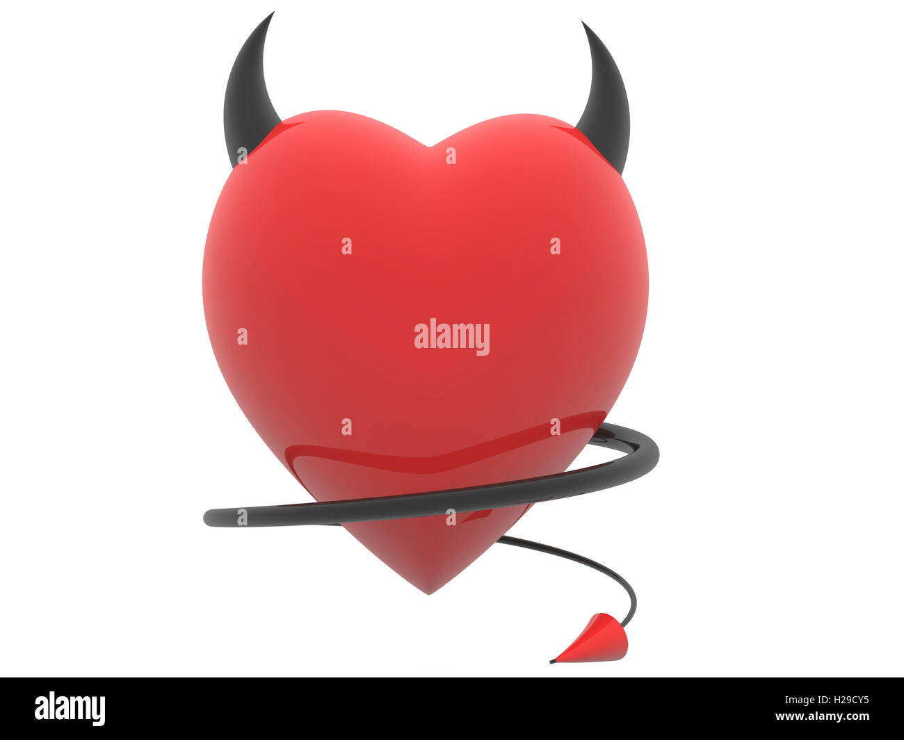 Diavolo cuore rosso con corna e coda Foto Stock