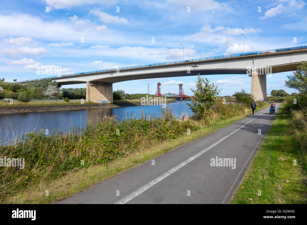 Il Tees viadotto cavalcavia o una piastra di ponte a trave in calcestruzzo piloni portanti il 6-lane A19 Trunk Road sul Fiume Tees Foto Stock