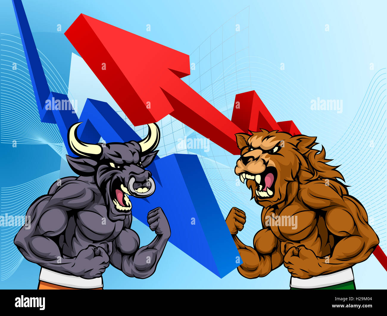 Il mercato azionario concetto di un cartoon bear che combatte contro un toro carattere mascotte di fronte ad una finanziaria o grafico di profitto Foto Stock