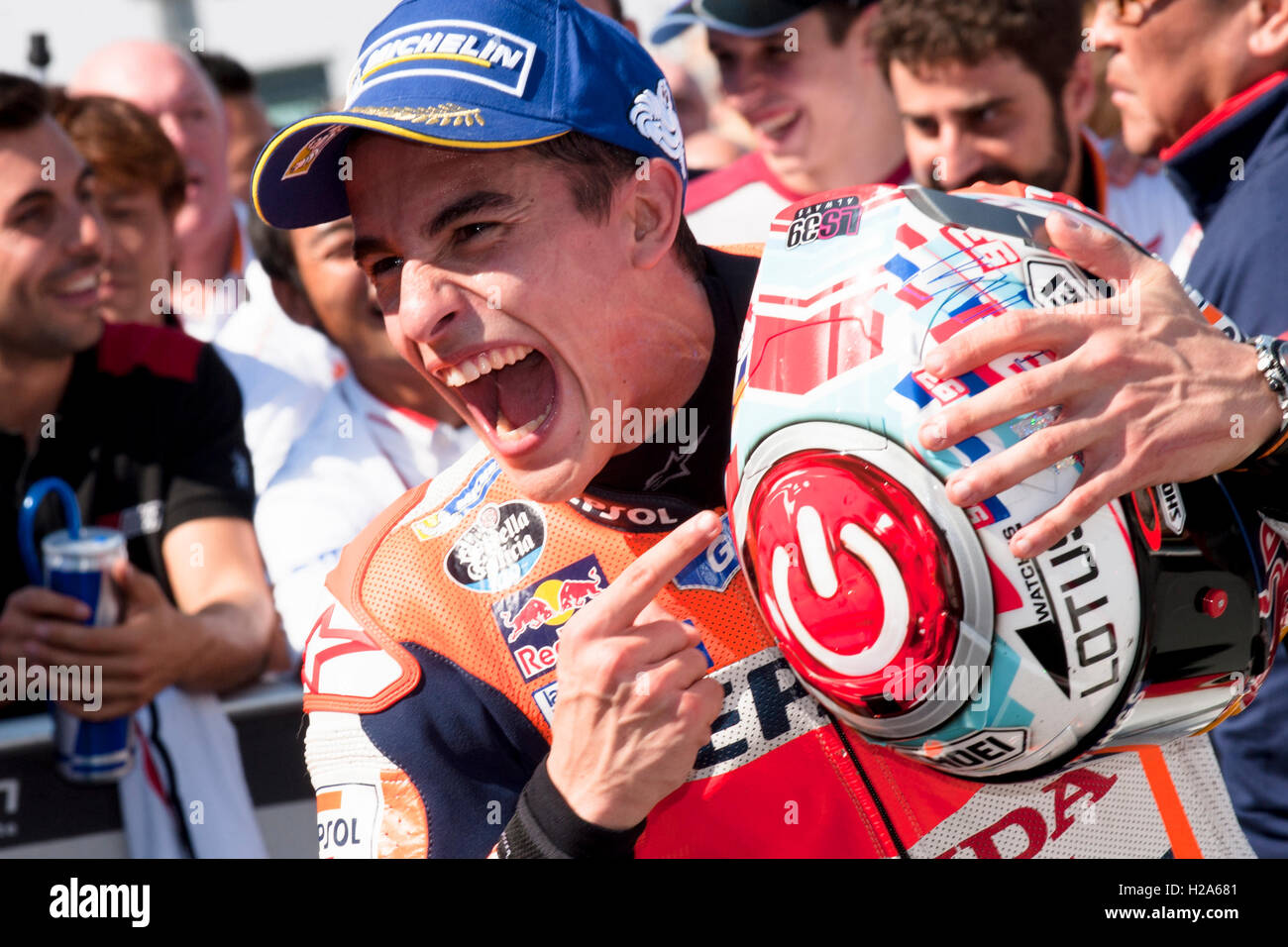 Alcaniz, Spagna. Xxv Sep, 2016. Nella foto: #93 Marc Marquez (SPA) Repsol Honda Team. Vincitore della gara di MotoGP. Movistar Gran Premio di Aragon della Moto GP. Il circuito Motorland, Alcaniz. Il giorno della gara. Credito: Jose Breton/Pacific Press/Alamy Live News Foto Stock