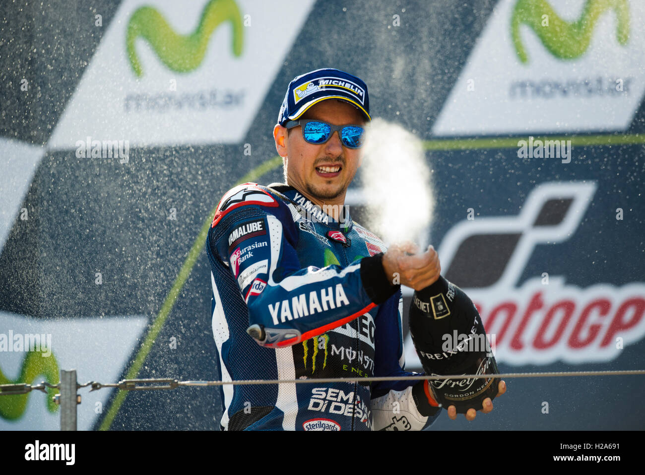 Alcaniz, Spagna. Xxv Sep, 2016. #99 Jorge Lorenzo (SPA) Movistar Yamaha MotoGP. Movistar Gran Premio di Aragon della Moto GP. Il circuito Motorland, Alcaniz. Il giorno della gara. Credito: Jose Breton/Pacific Press/Alamy Live News Foto Stock