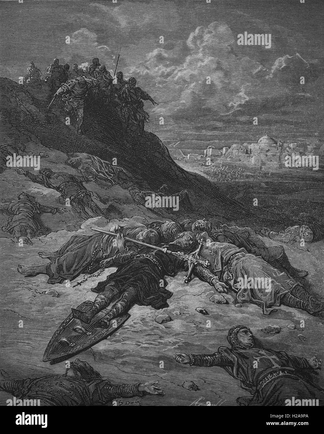 La morte di Frederich I della Germania. Frederich della Germania. Terza Crociata (1189-1192) . Incisione di Gustave Dore, xix secolo. Foto Stock