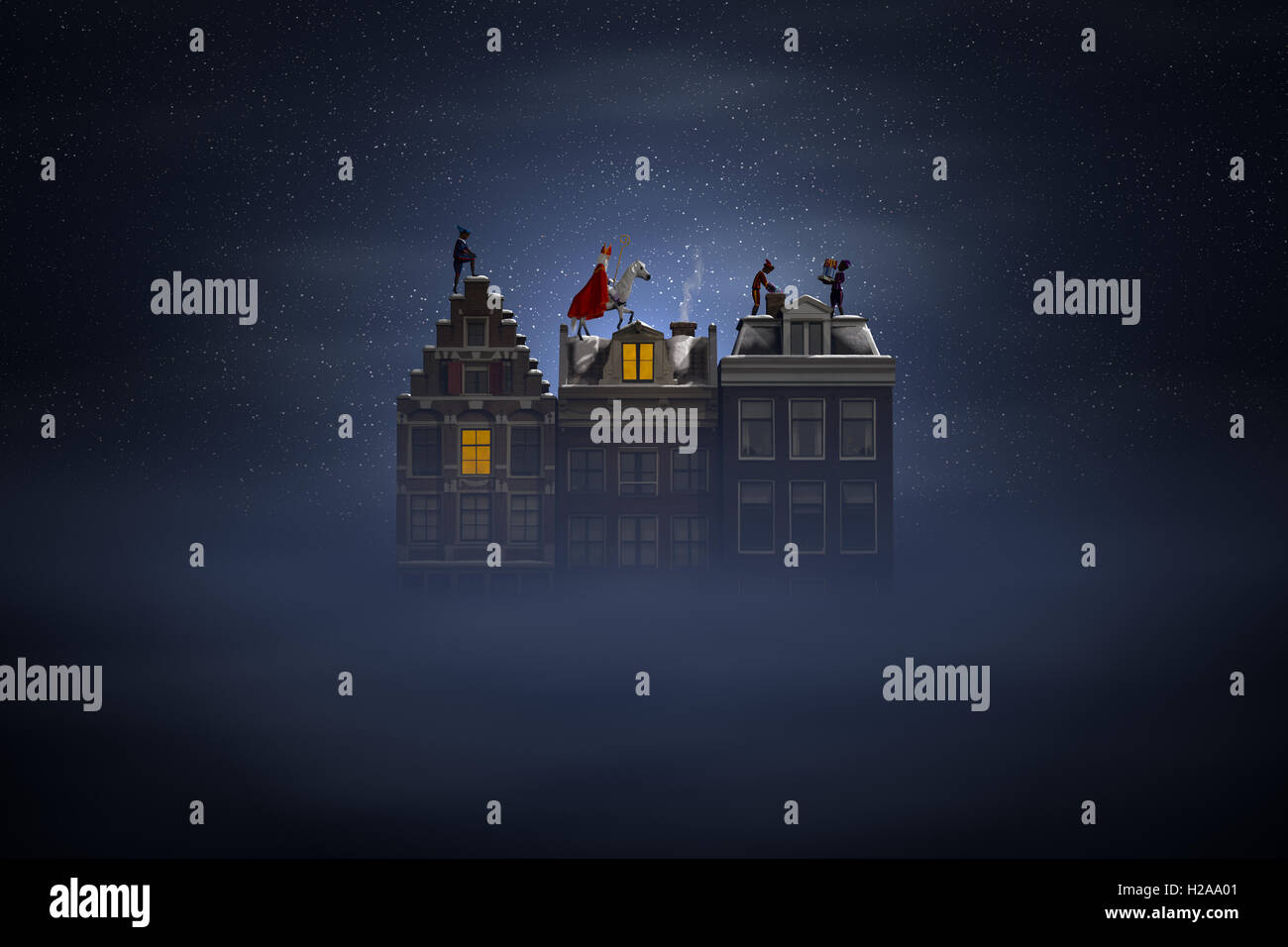 Sinterklaas e l'Pieten sui tetti di notte, una scena per la tradizionale vacanza olandese 'Sinterklaas', 3D render. Foto Stock