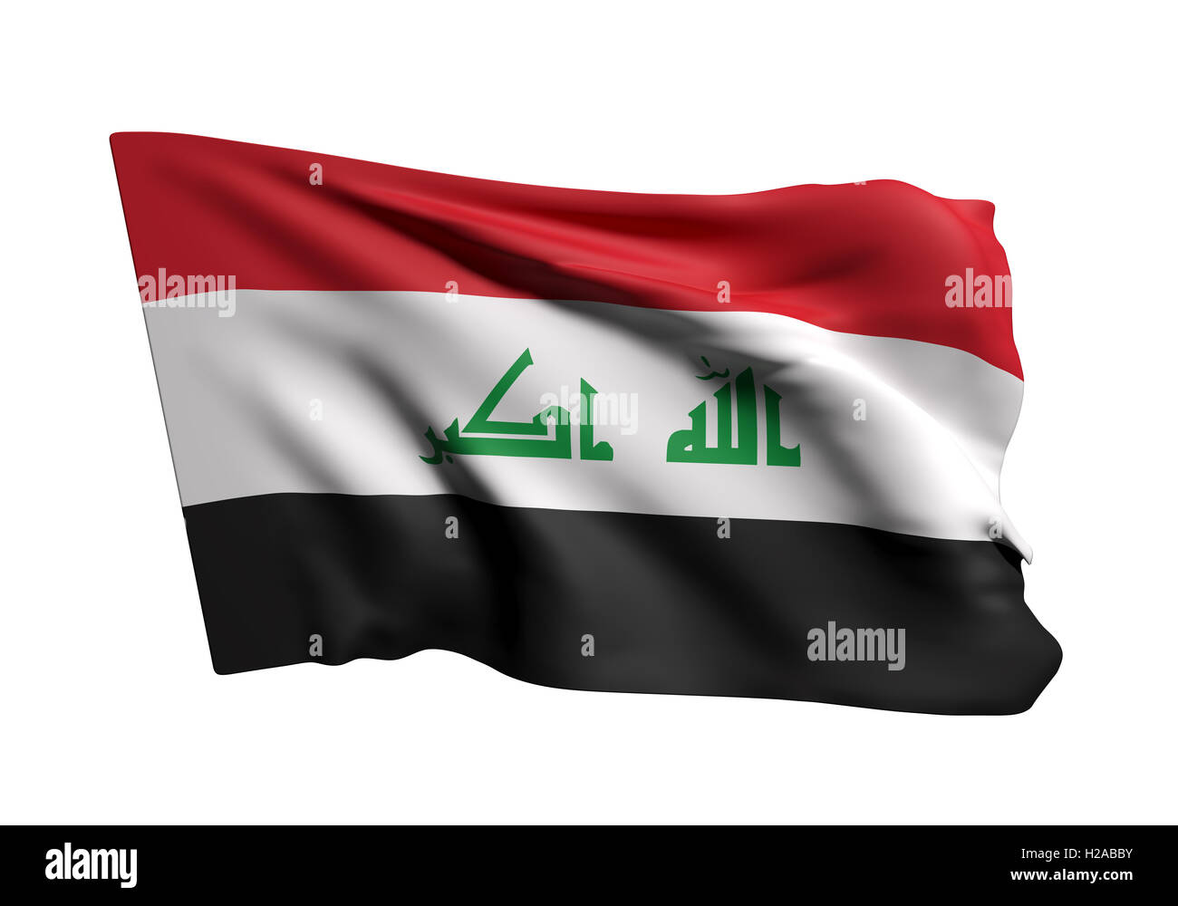 3D rendering della Repubblica dell'Iraq bandiera sventola su sfondo bianco Foto Stock