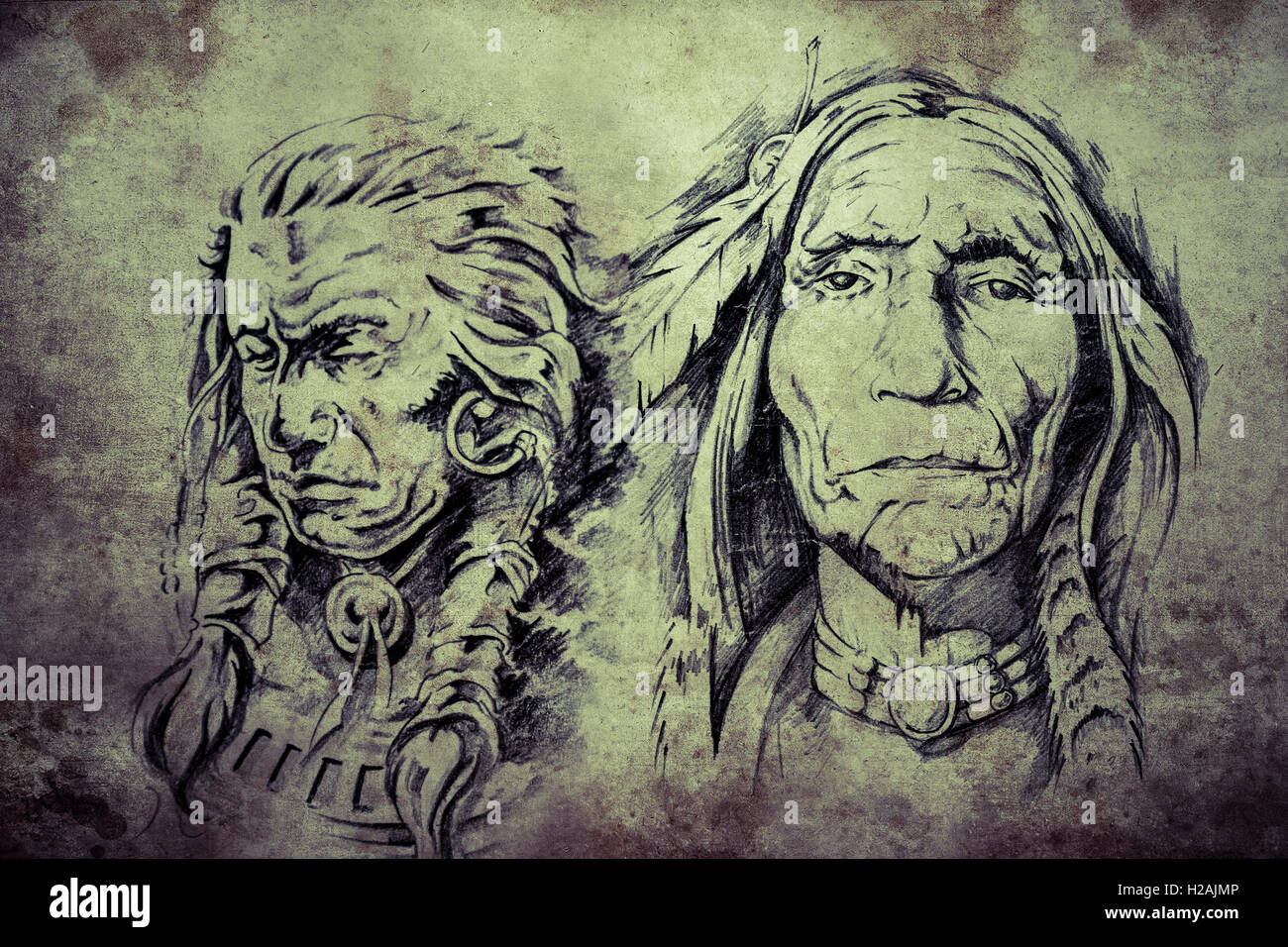 Tatuaggio schizzo di American Indian anziani Foto Stock
