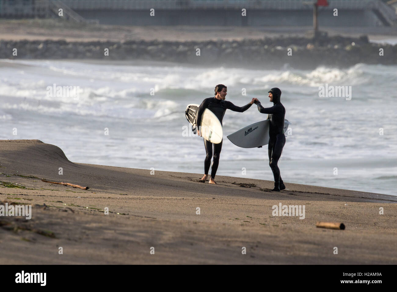 Due surfisti congratularmi con ogni altro dopo le loro corse di successo nell'Oceano Pacifico della California del nord vicino a Moss Landing. Foto Stock