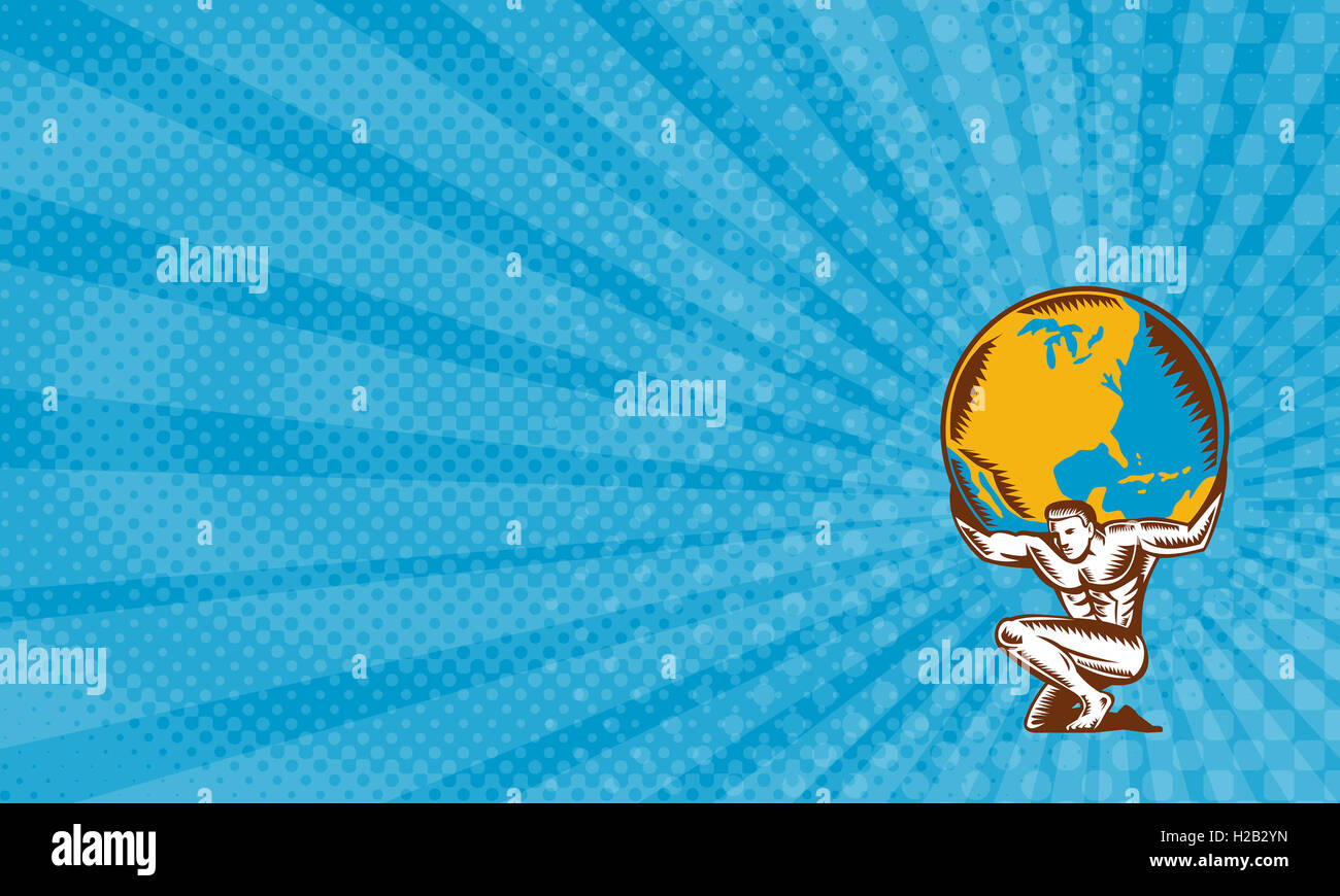 Business Card mostra illustrazione di Atlas inginocchiato che trasportano il sollevamento Globo mondo massa sulla sua schiena impostato su isolato sfondo bianco fatto in xilografia retrò stile. Foto Stock