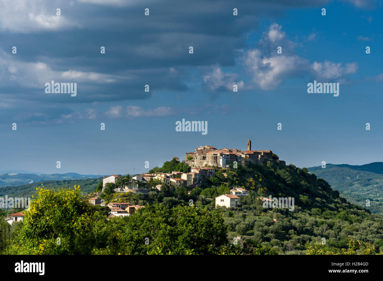 Tipico paesaggio toscano con colline e alberi, vista di una città su una collina, Montegiovi, Toscana, Italia Foto Stock