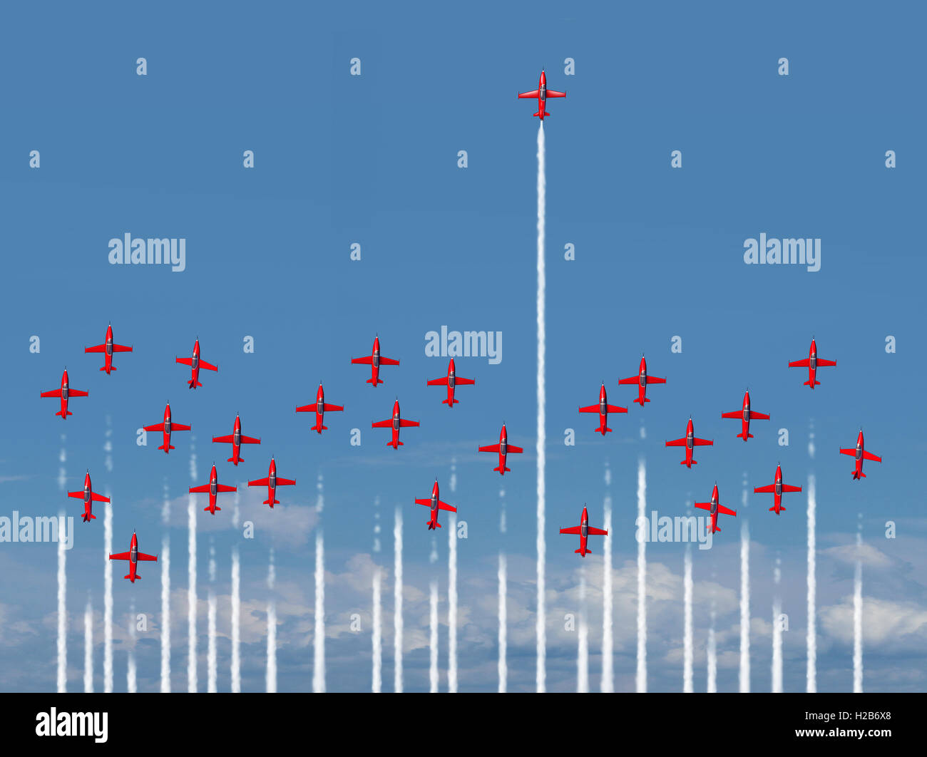 Full Steam Ahead concetto aziendale come un gruppo di air show aerei con la maggior parte degli aerei di perdere energia e perdere intensità mentre una energica singoli vincente è pieno di potenza con 3D'illustrazione degli elementi. Foto Stock