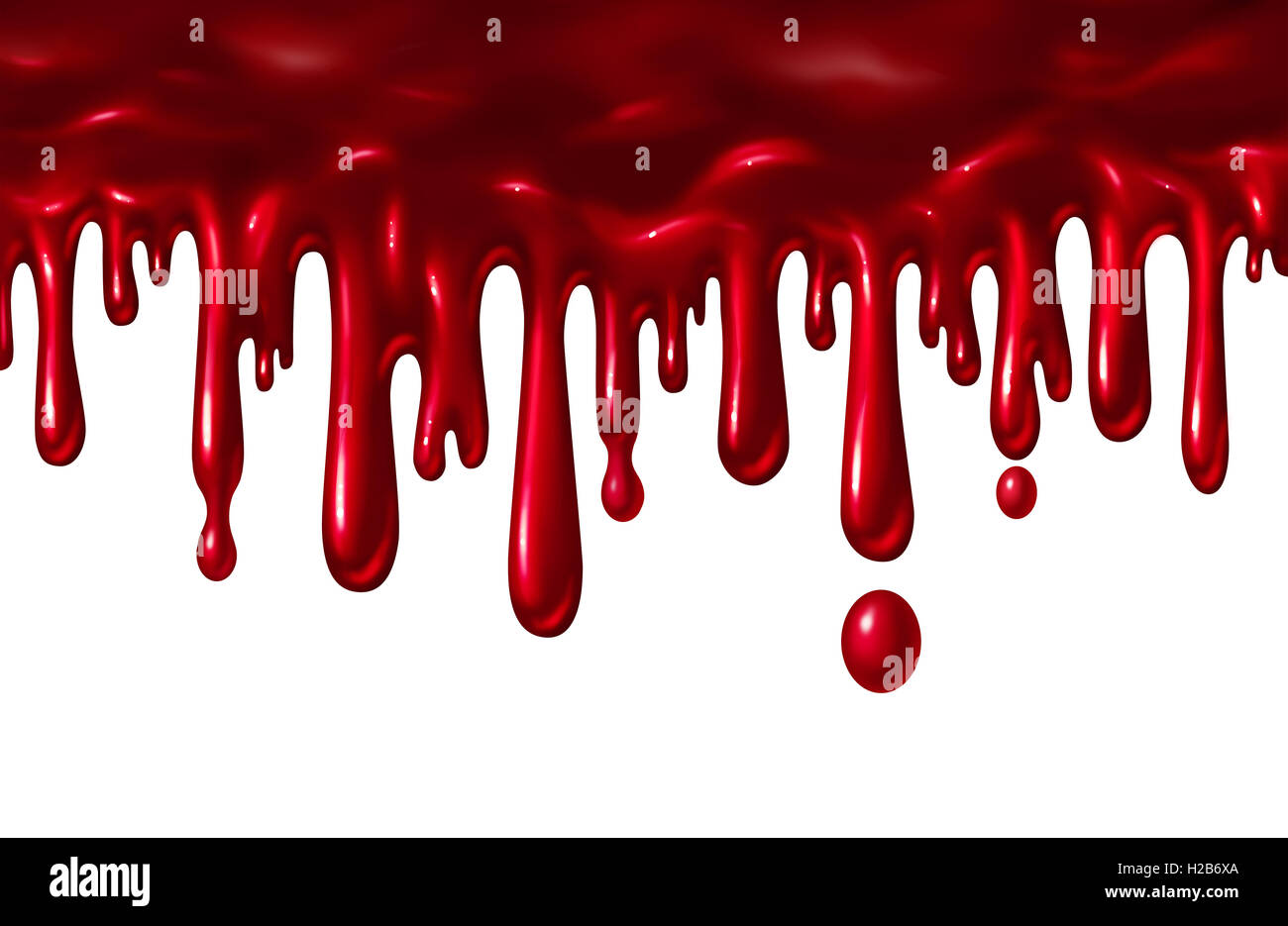 Il sangue il gocciolamento di liquido verso il basso come un rosso splatter con gocce che cadono verso il basso come un elemento di halloween o simbolo di violenza e di terrore isolato su uno sfondo bianco in un 3D illustrazione dello stile. Foto Stock