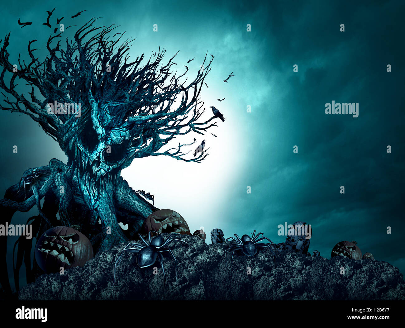 Creepy Halloween haunted sfondo albero fantasma di notte come un vecchio impianto di crescita conformata come un mostro il cranio con zucche e ragni come una paura blu cimitero autunno scenario come un tema horror con 3D'illustrazione degli elementi. Foto Stock