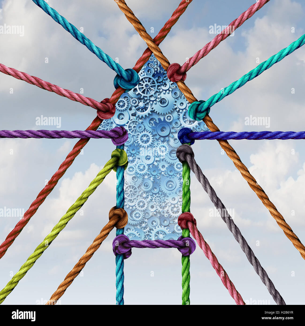 Lavorando insieme unità di business di successo collegamento freccia e la rete centrale di successo con un gruppo di diverse funi collegate ad un centro con gli ingranaggi e ruote dentate con 3D'illustrazione degli elementi. Foto Stock