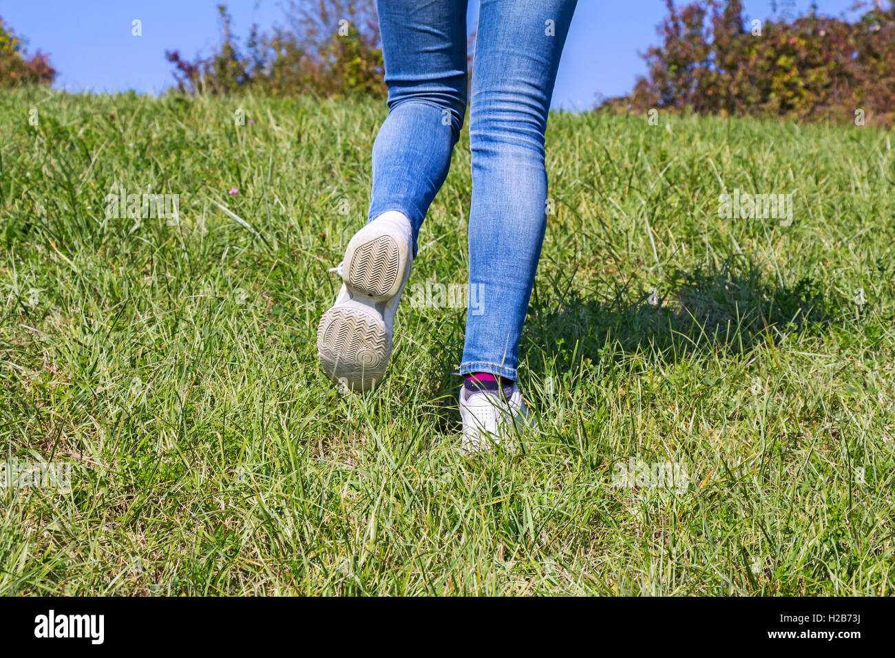 Ragazza giovane escursioni nella natura a erba verde Foto Stock