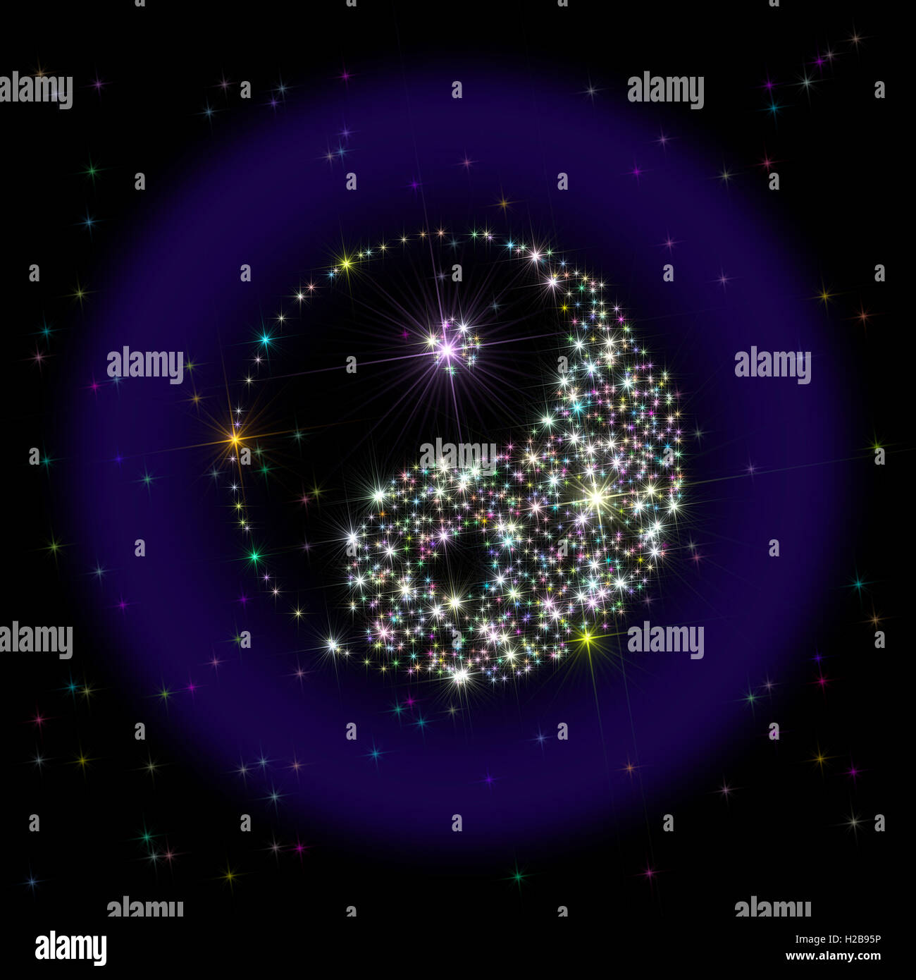 Illustrazione a Yin-Yang simbolo cinese realizzato al di fuori di stelle multicolore con sfondo stellato. Foto Stock