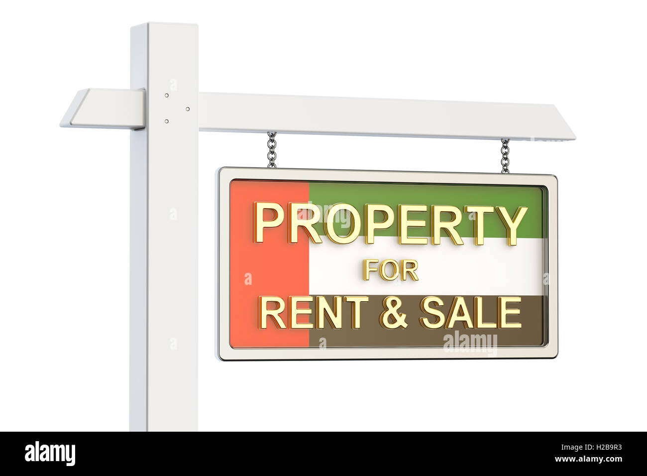 Proprietà in vendita e in affitto nel concetto degli EMIRATI ARABI UNITI. Immobiliare di segno, 3D rendering isolati su sfondo bianco Foto Stock