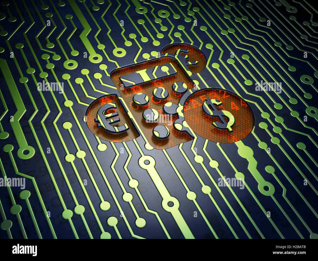 Concetto di finanza: Calcolatrice sul circuito stampato sullo sfondo Foto Stock