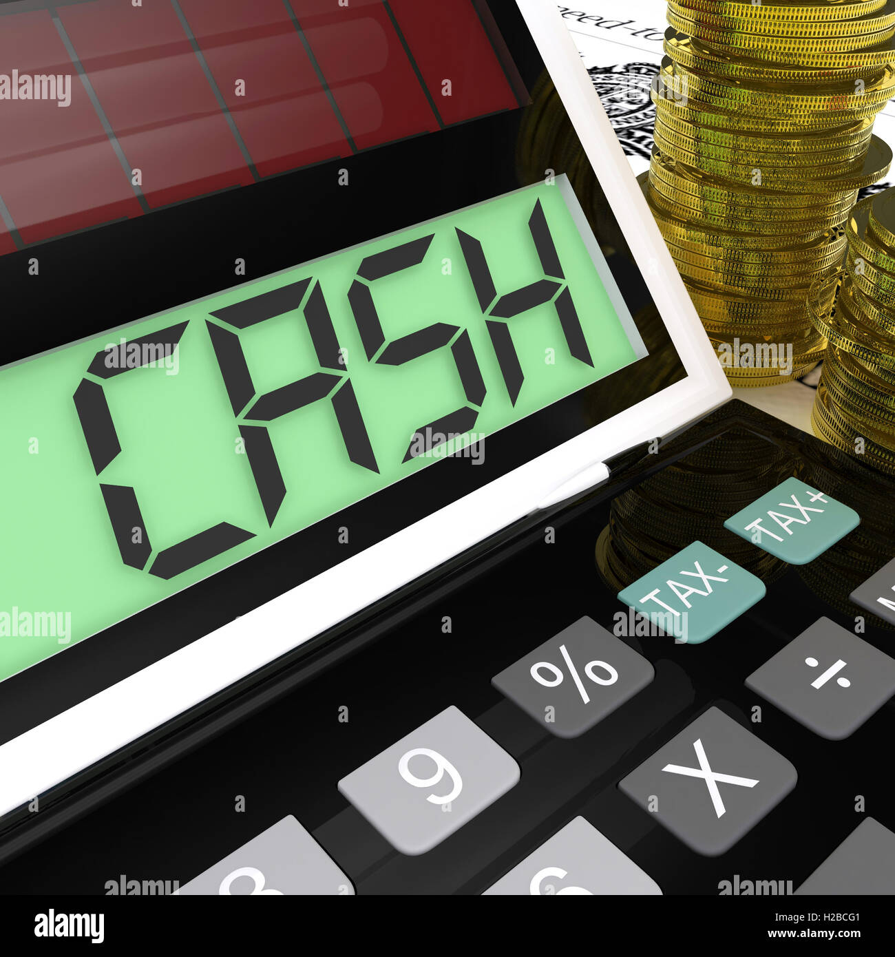 Calcolatrice di cassa mostra denaro guadagnare e spendere Foto Stock