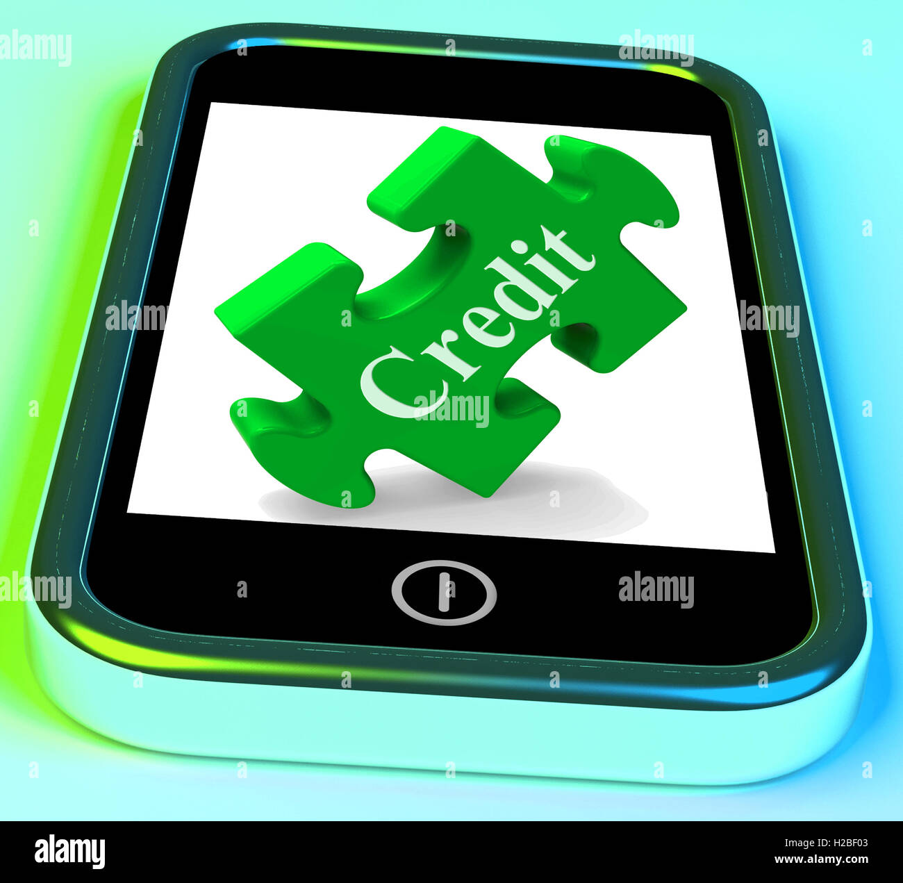 Lo smartphone di credito mostra prestito finanziario e prendere in prestito denaro Foto Stock