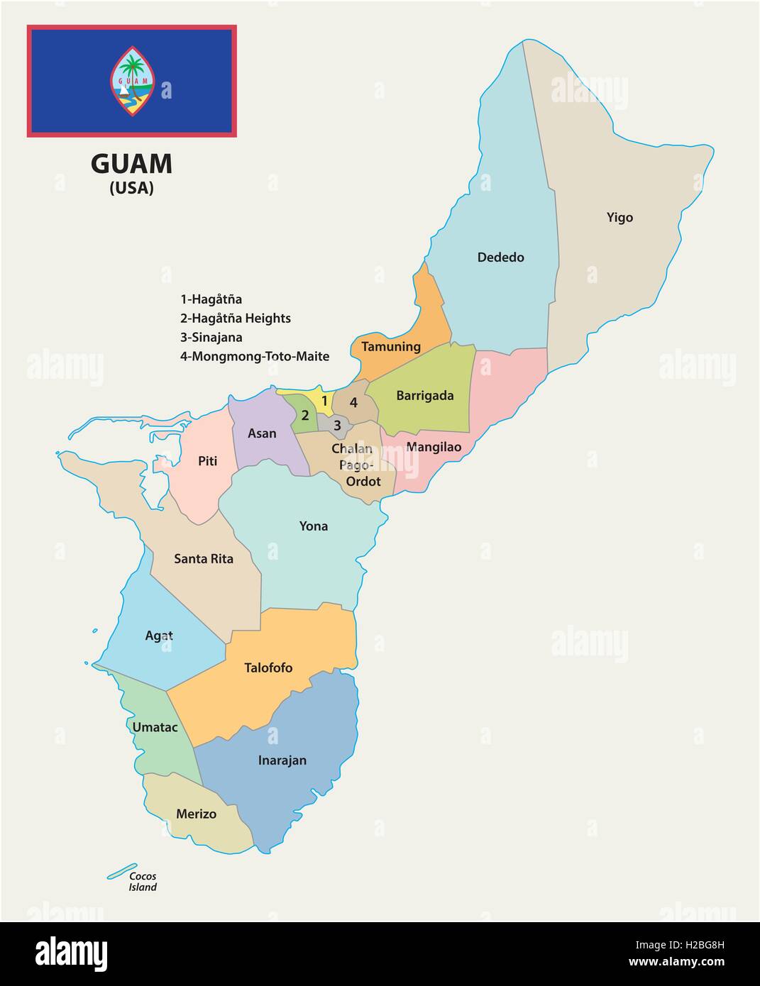 Guam mappa amministrativa con bandiera Illustrazione Vettoriale