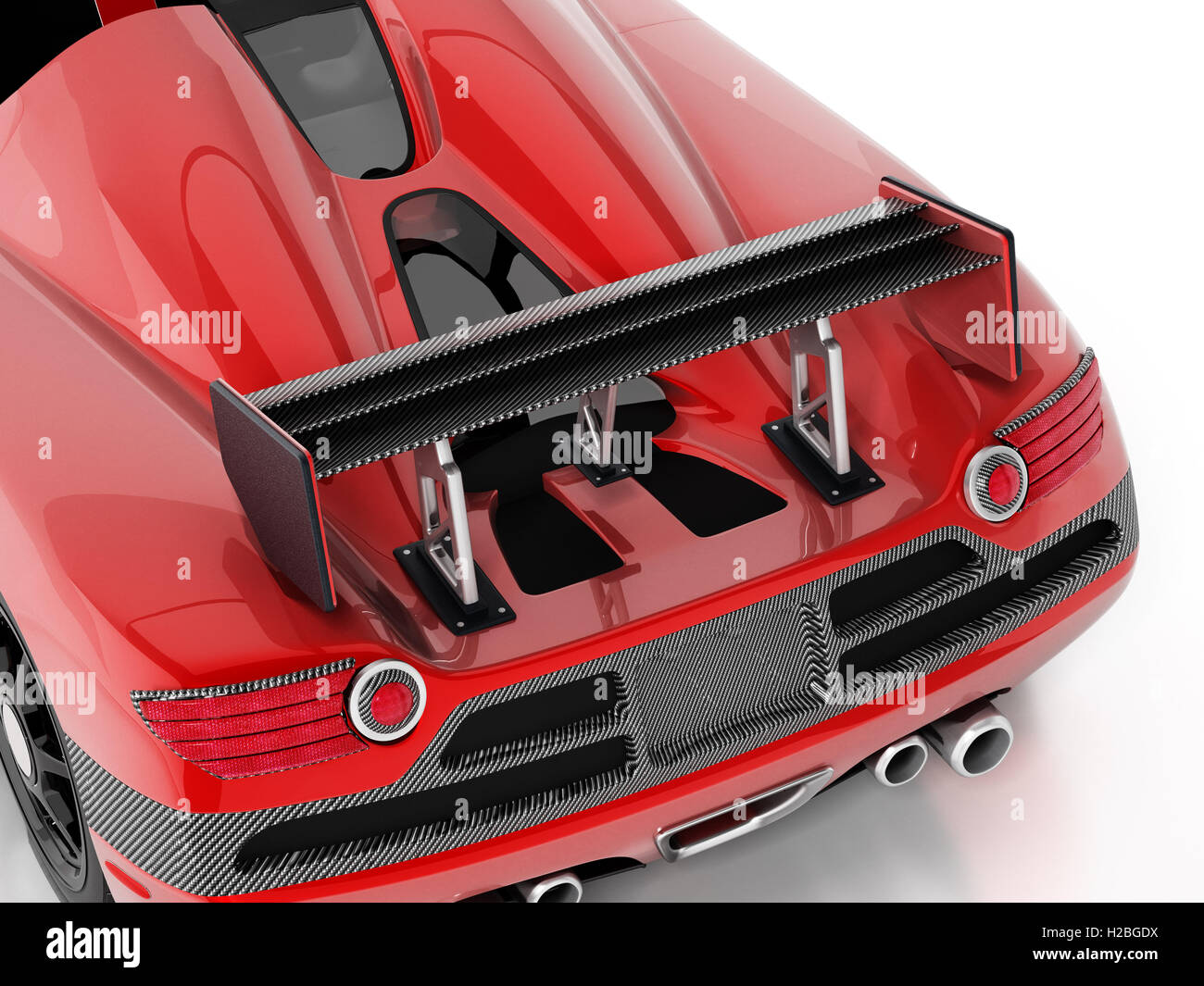 Rosso corsa auto con fibra di carbonio spoiler. 3D'illustrazione. Foto Stock