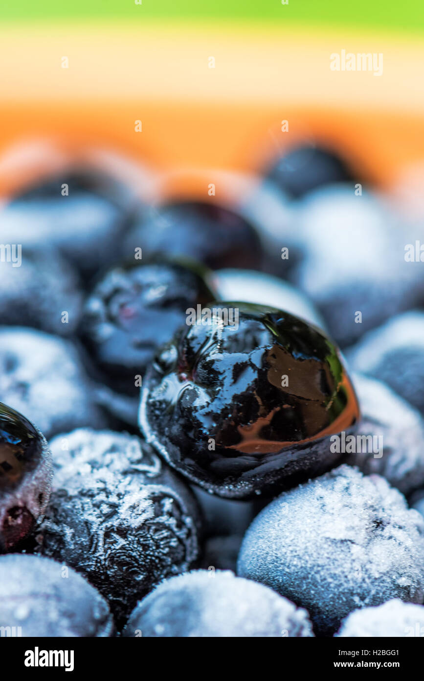 Congelati bacche di Aronia in una ciotola, macro shot Foto Stock