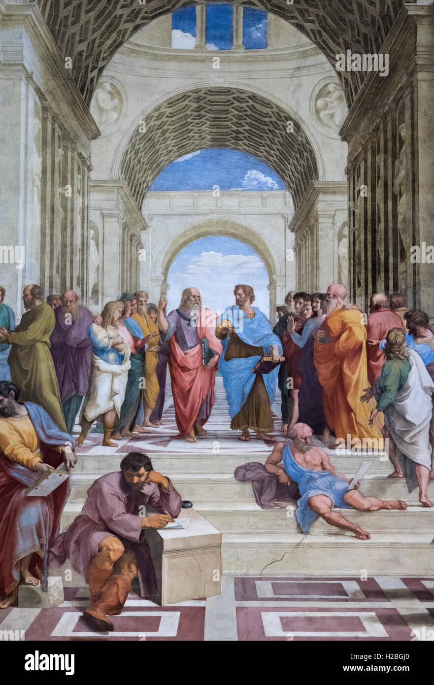 Raphael (1483-1520), la Scuola di Atene affresco (1509-1511). Stanza della Segnatura, Musei Vaticani a Roma. Foto Stock