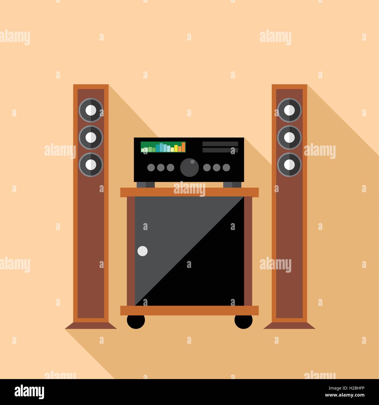 Vettore digitale hi-fi sistema audio con monitor e mobili in stile piatto Illustrazione Vettoriale