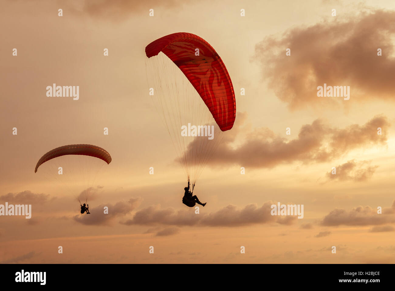 Paracadutista vola sullo sfondo del cielo nuvoloso Foto Stock