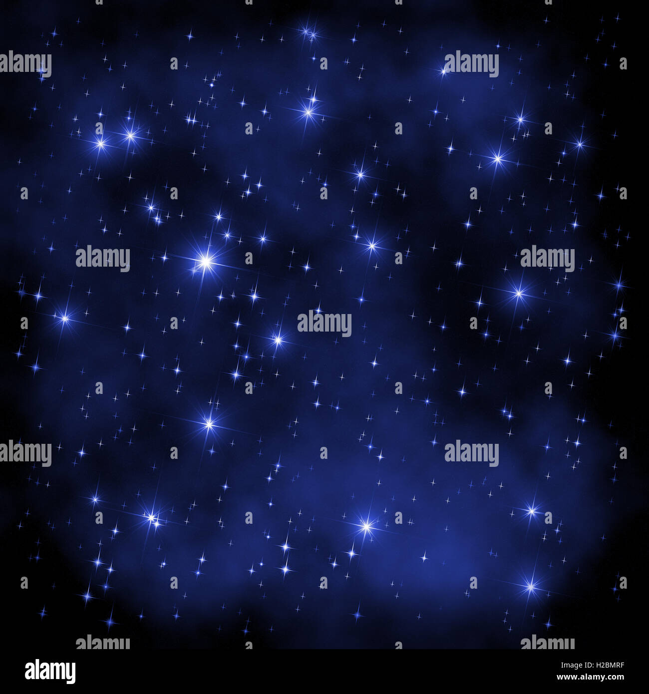 Spazio astratto illustrazione: stelle blu di diverse dimensioni su un sfondo nebulose. Può essere usato come una carta da parati, telaio, di confine Foto Stock