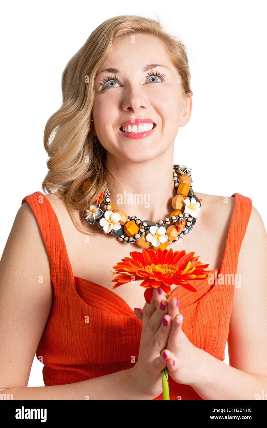 Ritratto di un bellissimo adulto felice donna con un fiore Foto Stock