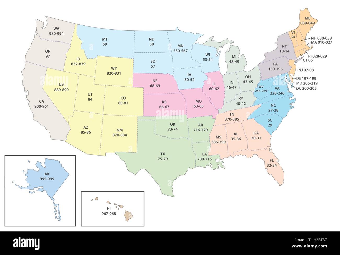 Negli Stati Uniti il codice di avviamento postale mappa Illustrazione Vettoriale