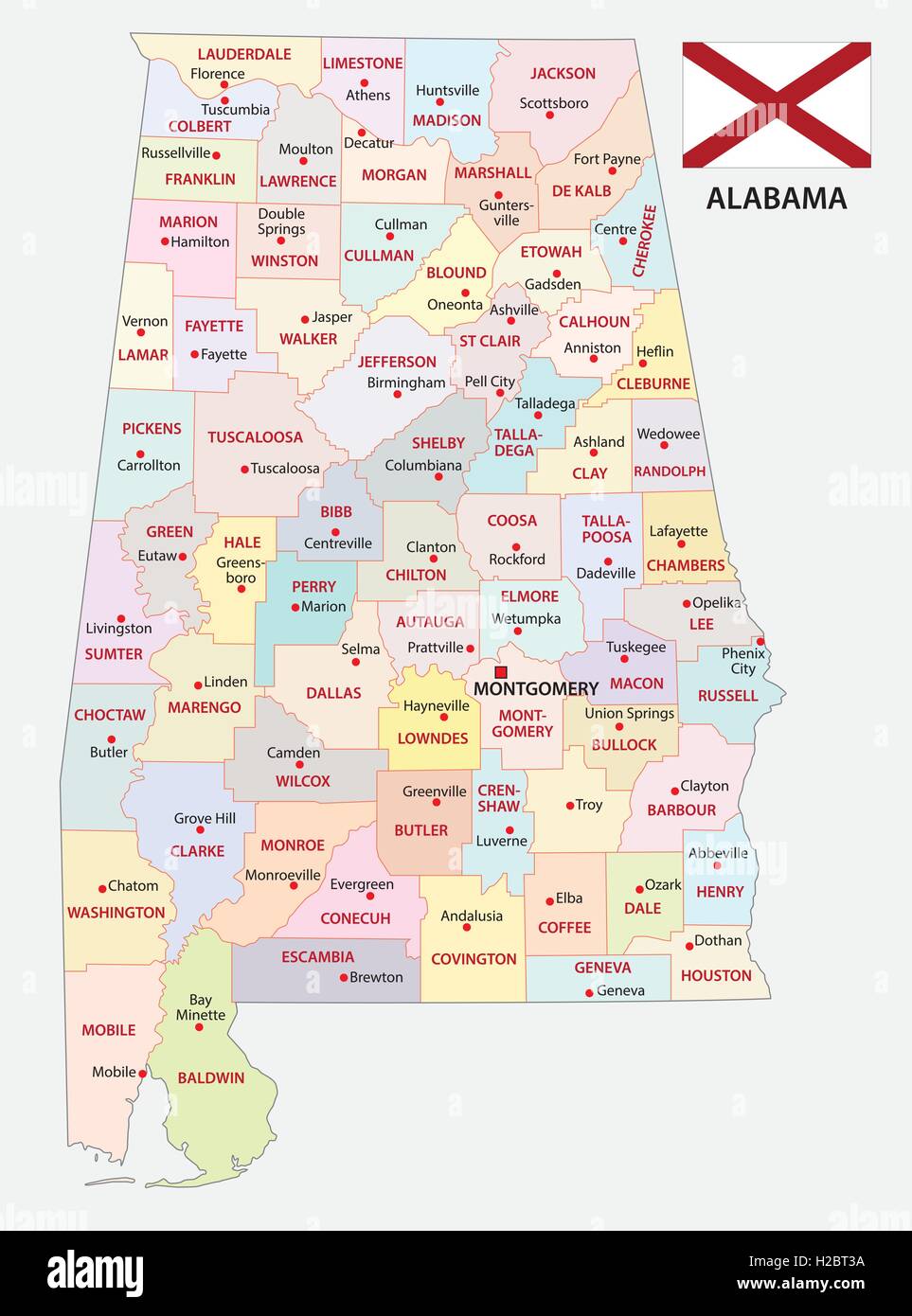 Alabama mappa amministrativa con bandiera Illustrazione Vettoriale
