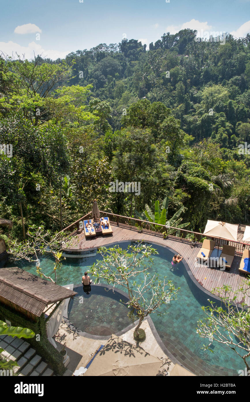 Indonesia, Bali, Payangan, Susut, Nandini Jungle Resort e Spa hotel piscina, vista in elevazione Foto Stock