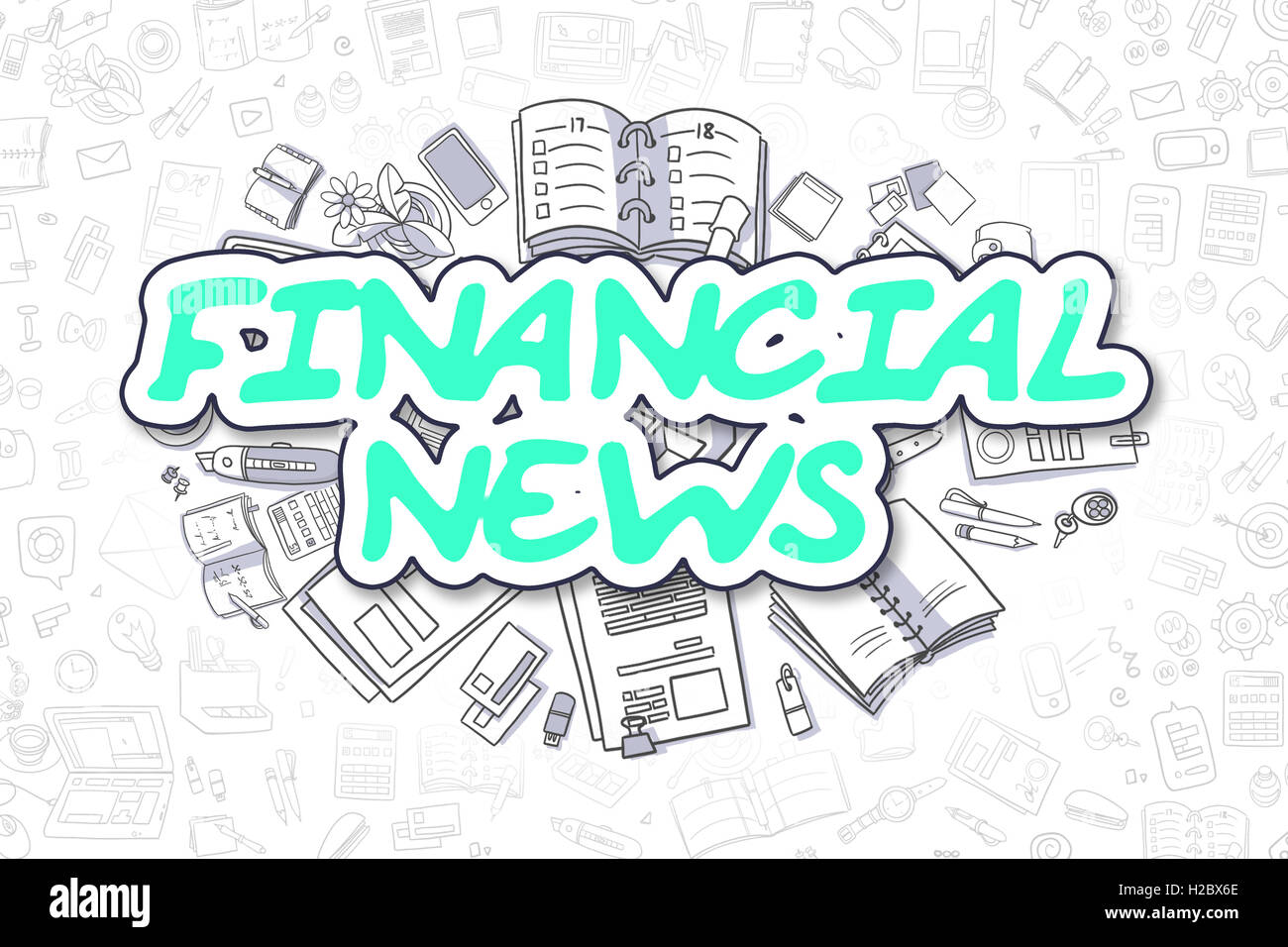 Notizie finanziarie - Doodle parola verde. Il concetto di business. Foto Stock