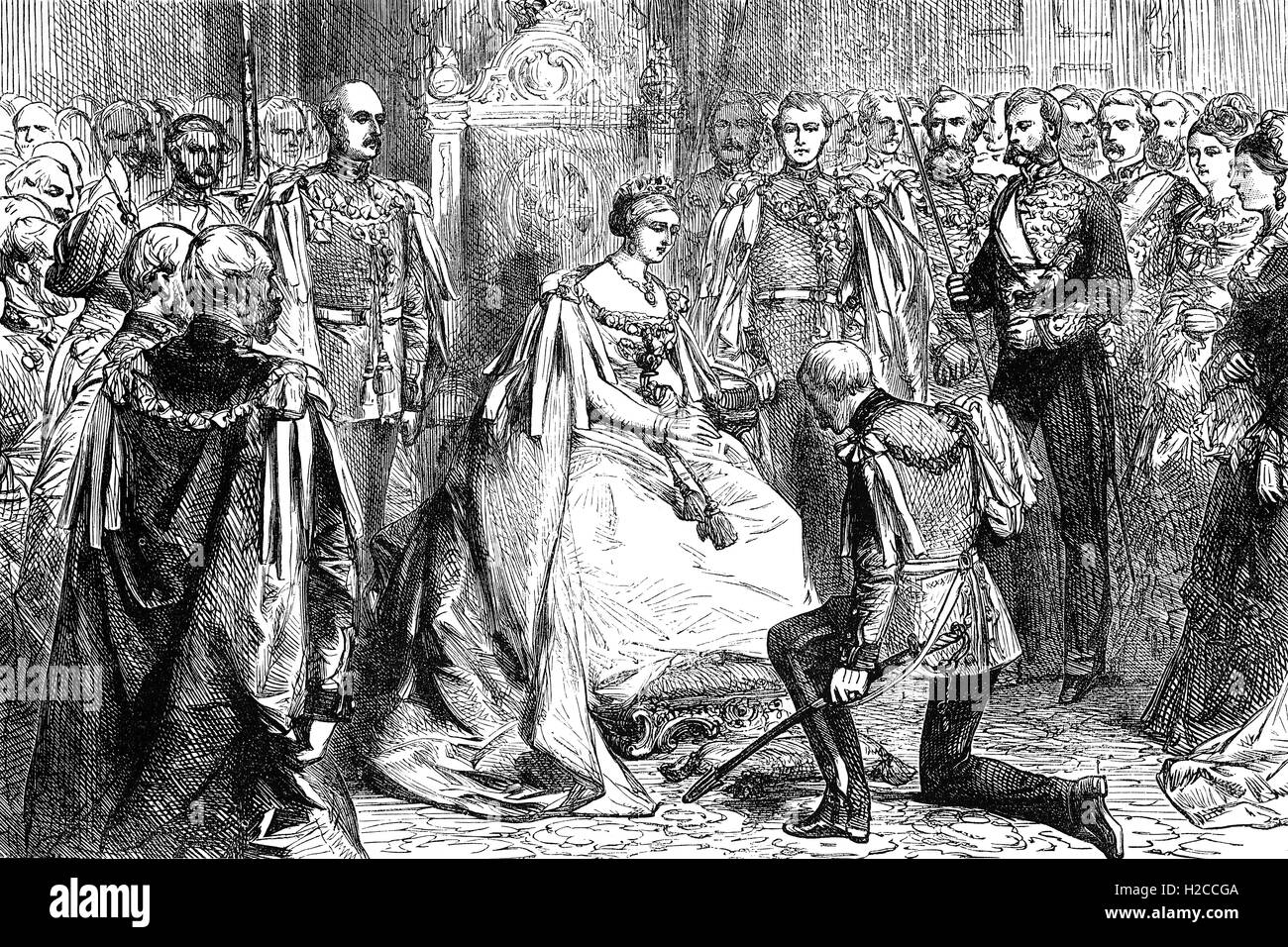 La regina Victoria presentando le insegne del primo ordine della stella di India " a suo marito e consorte Prince Albert nel 1861. Foto Stock